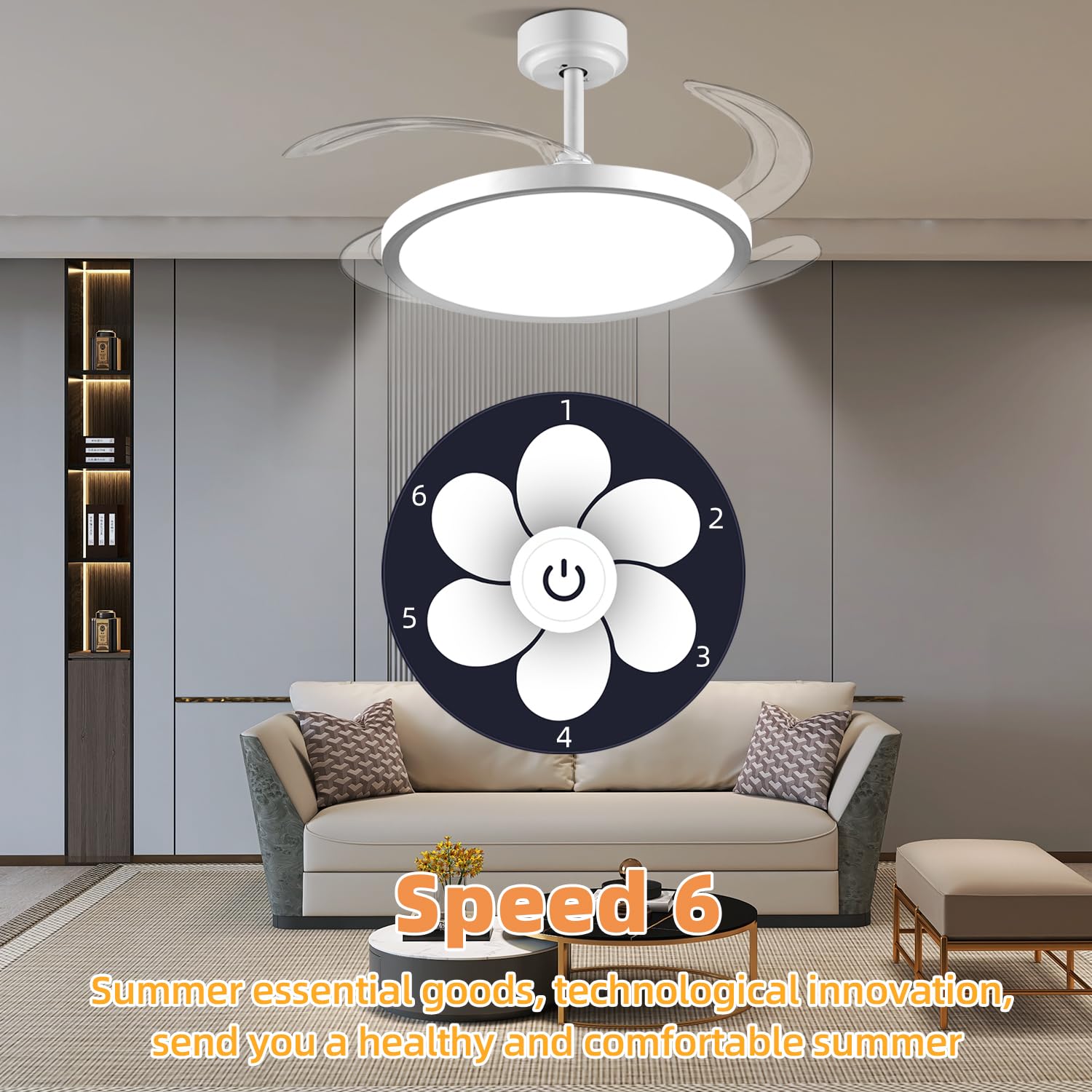 Baysquirrel Slim retractable fan in night mode with soft ambiance lighting.