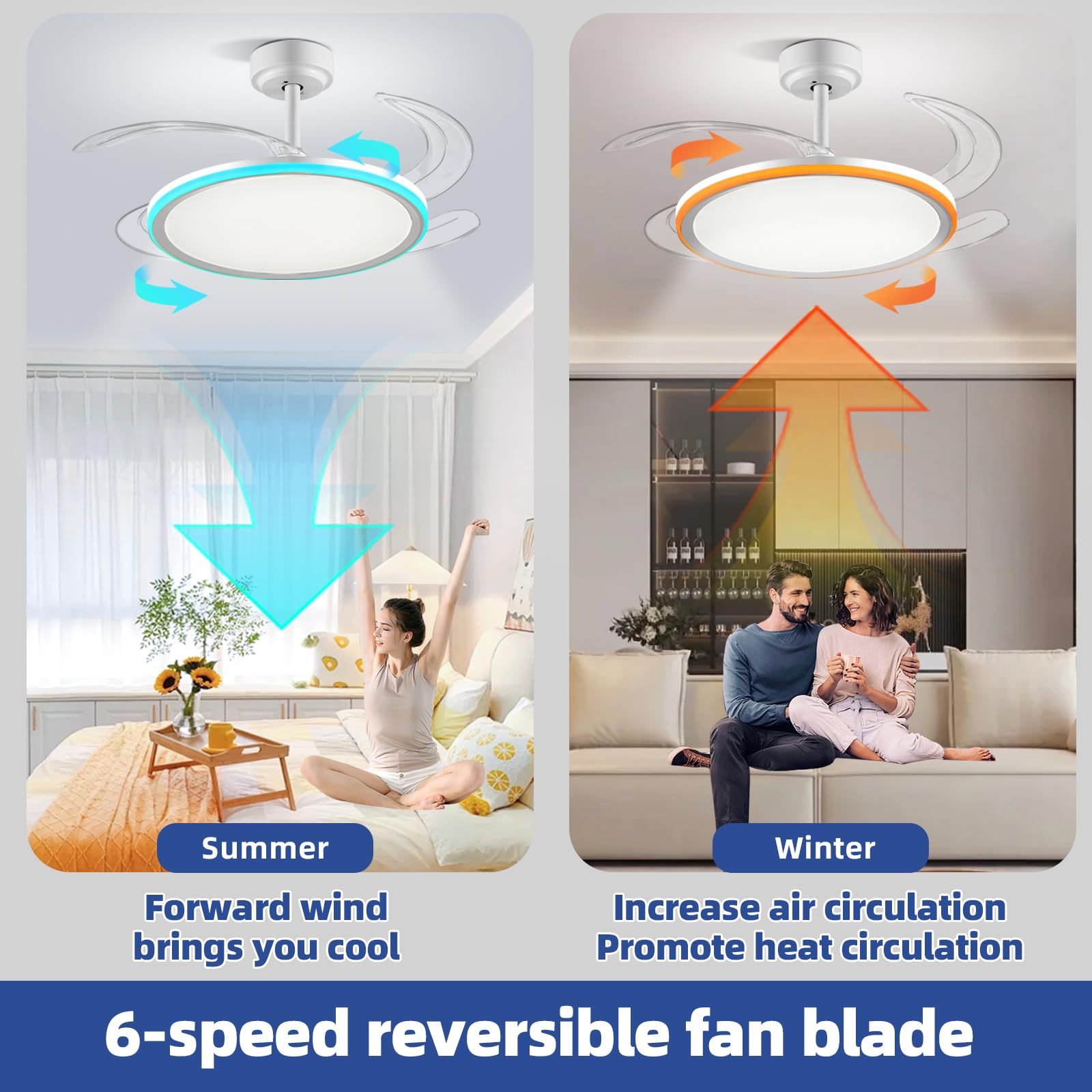 Reverse rotation supports year-round airflow in living areas.