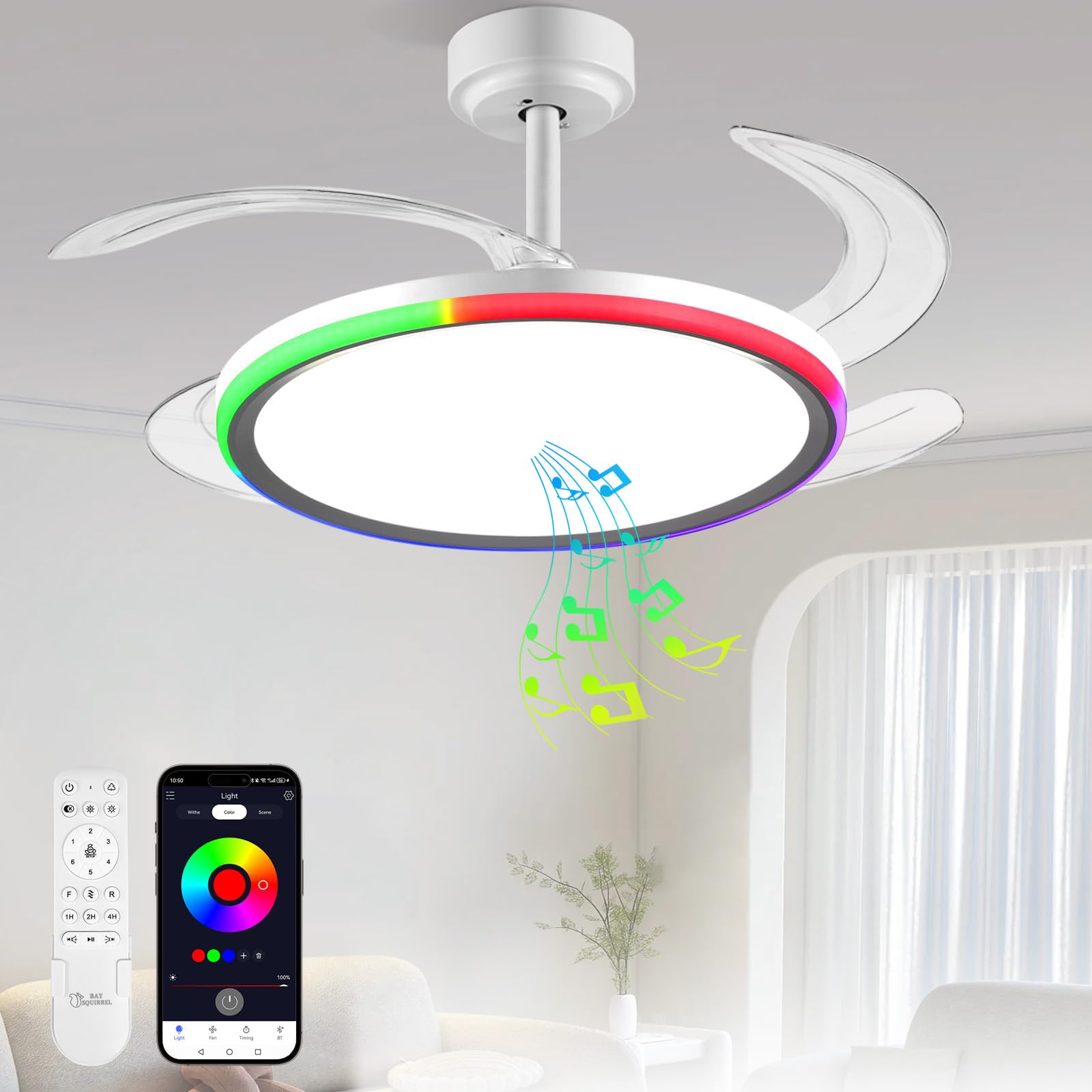 BAYSQUIRREL Slim RGB retractable ceiling fan with light for versatile living spaces and mood lighting.