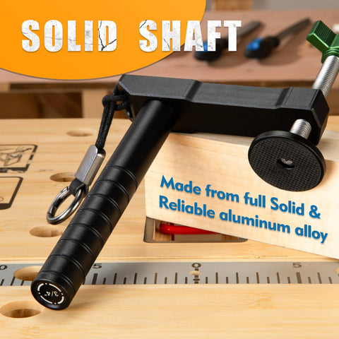 BAYSTMAM bench dog clamp with extended insert shaft demonstrates flexibility for thick workpieces.