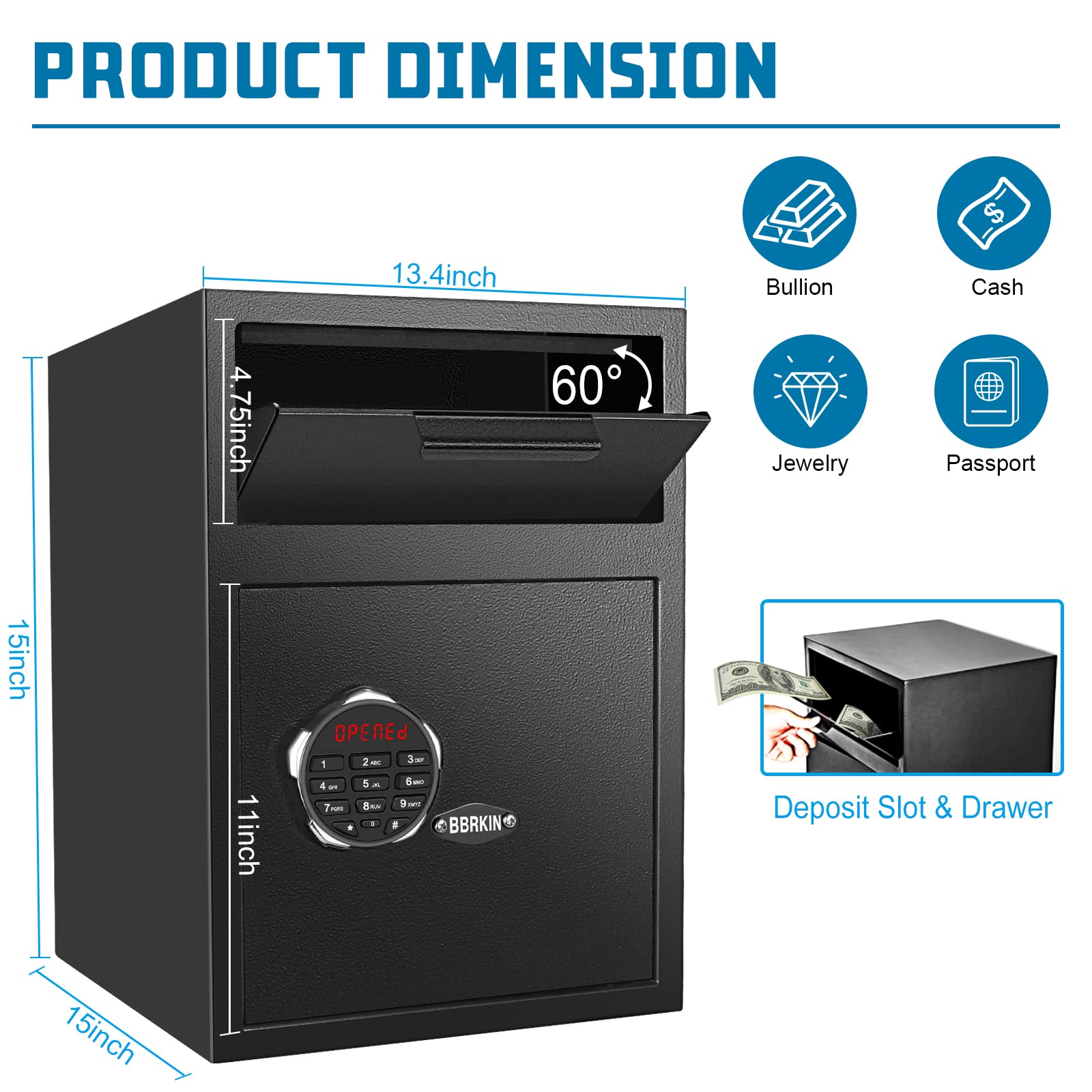BBRKIN Depository Drop Safe interior space shows 2.2 cu ft for cash, jewelry, and documents.