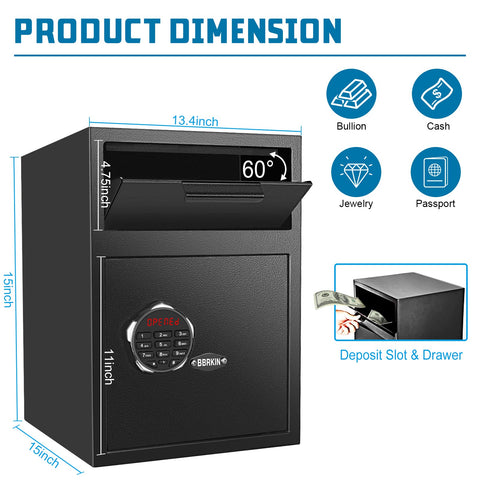 BBRKIN Depository Drop Safe interior space shows 2.2 cu ft for cash, jewelry, and documents.