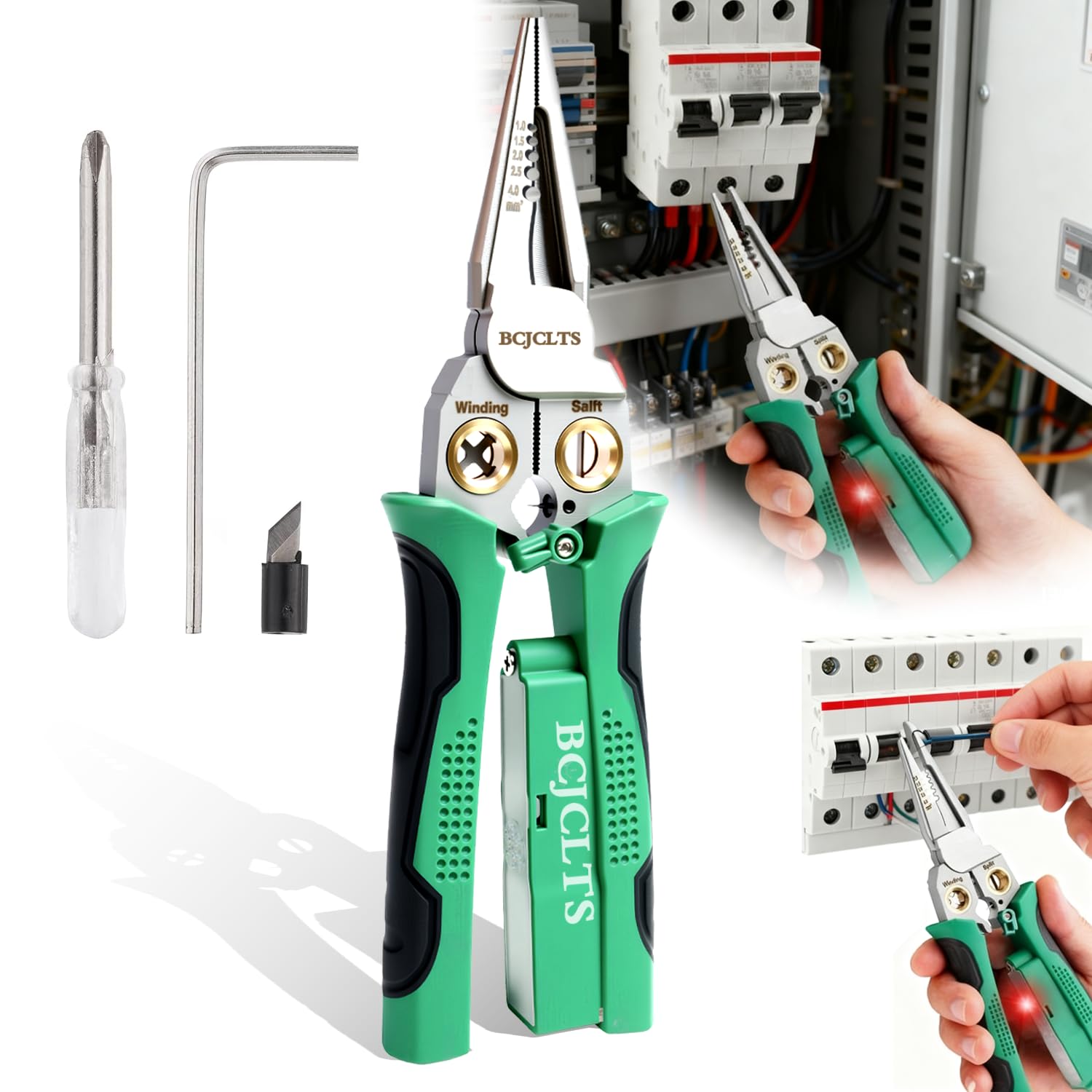 BCJCLTS 8-in-1 wire stripper in use for quick wire prep and testing