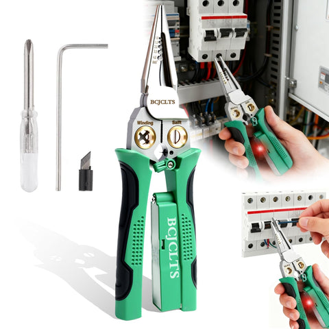 BCJCLTS 8-in-1 wire stripper in use for quick wire prep and testing
