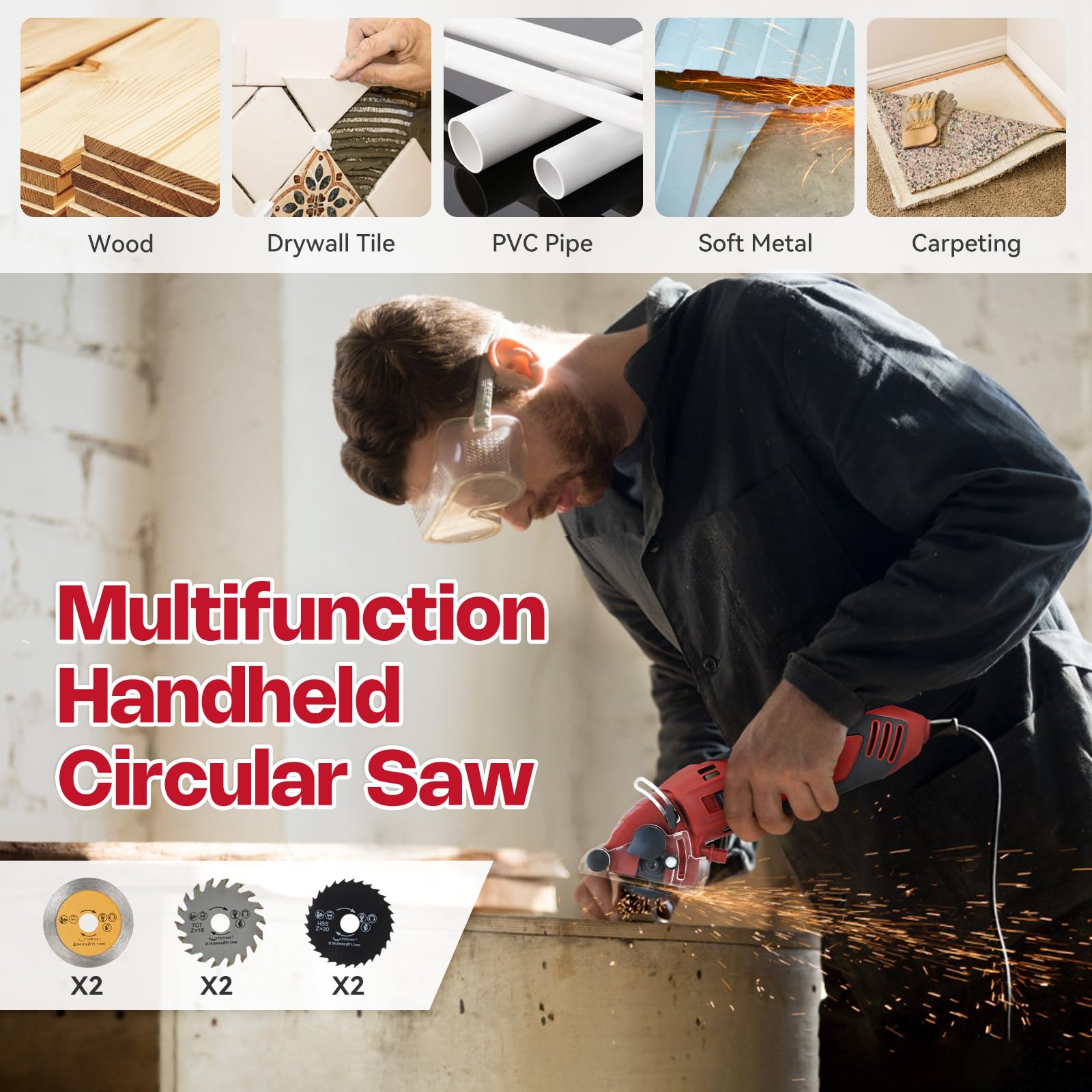 BDJHMP mini circular saw cutting wood with 400W power and 3400 RPM.