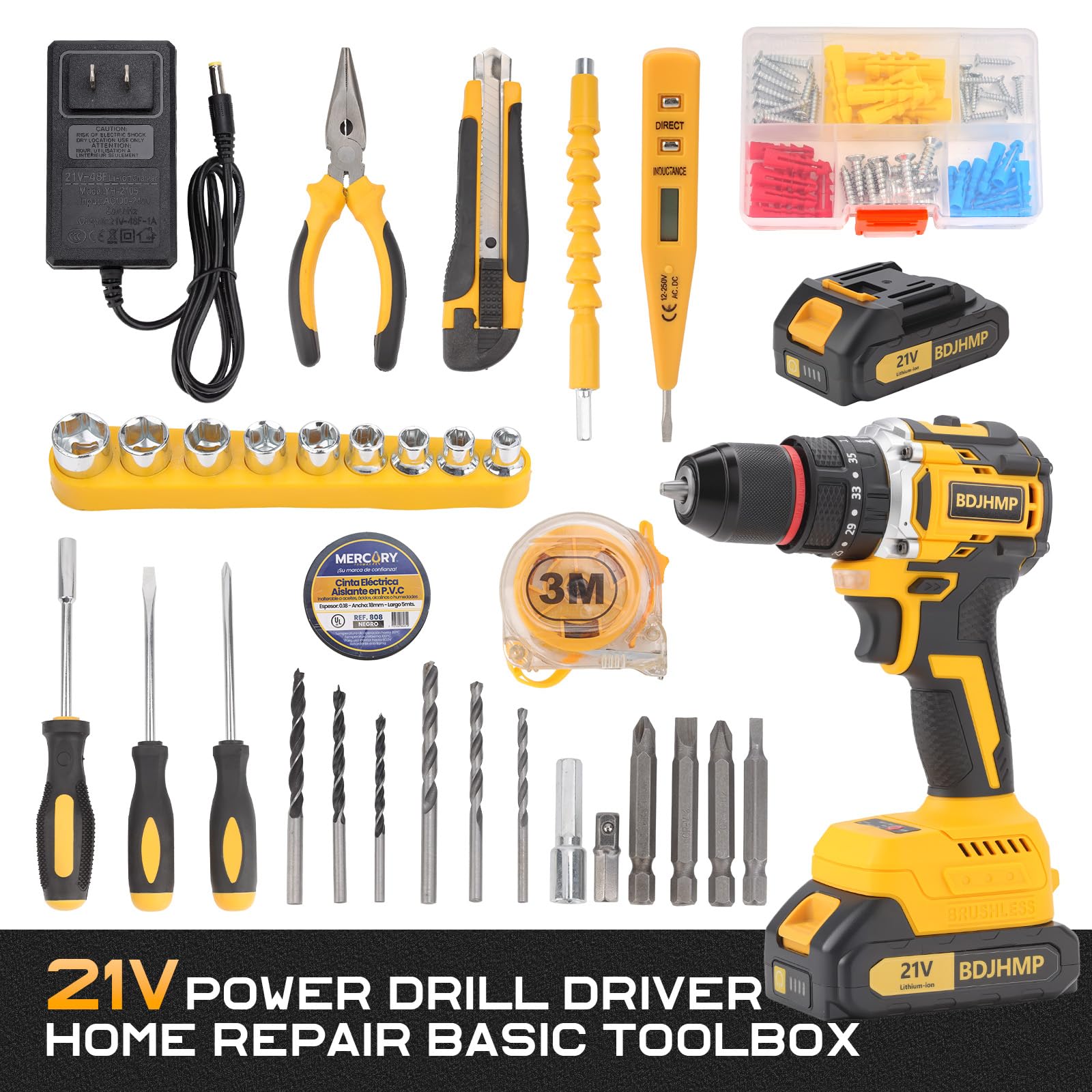 BDJHMP cordless drill with two 2000mAh batteries for extended DIY sessions.