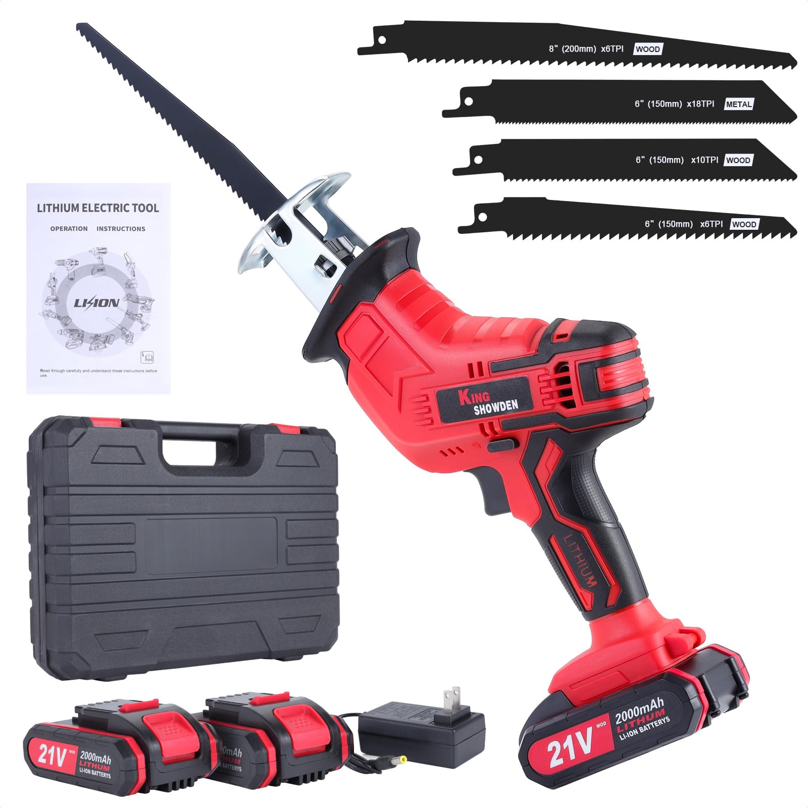 BDJHMP cordless reciprocating saw with two 21V batteries for extended wood cutting tasks.