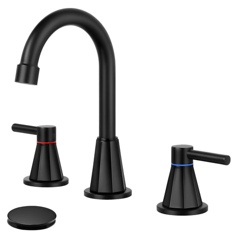 BDJM matte black 8inch widespread faucet with 360° swivel spout for easy reach.