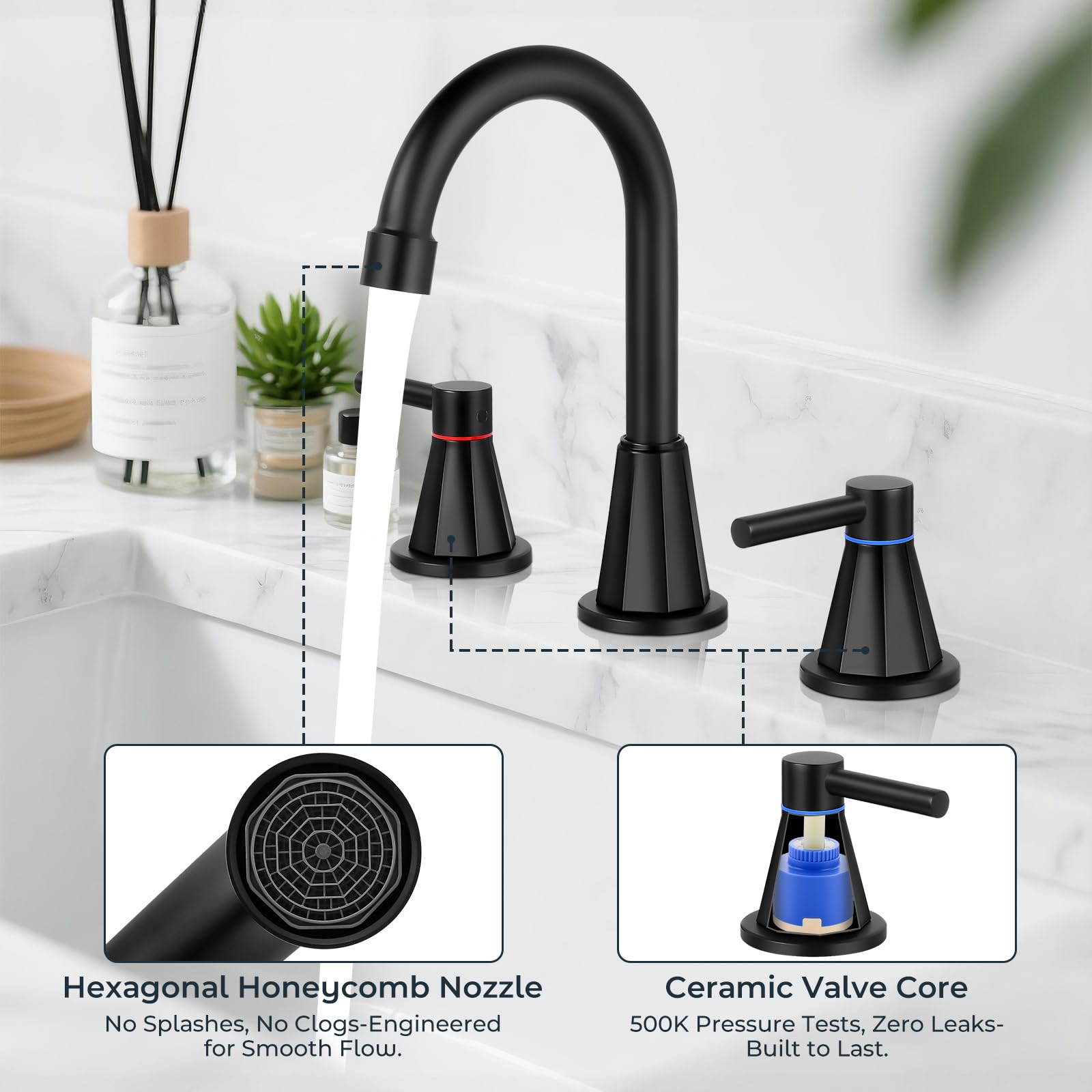 BDJM two-handle faucet with pop-up drain for simple temperature control.