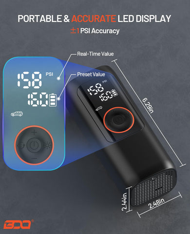 BDO 2025 Tire Inflator LED light improves roadside visibility.