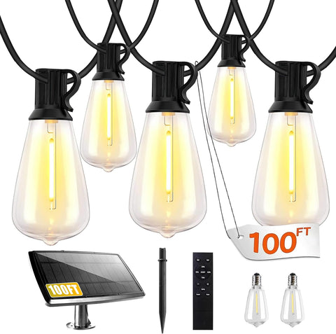 Bdrofn 100ft solar string lights outdoors with remote control for flexible ambiance.
