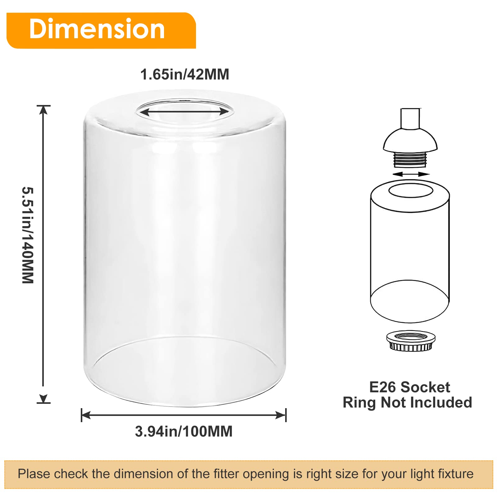 Bdrofn clear glass shade 6-pack dimension view displaying height and diameter