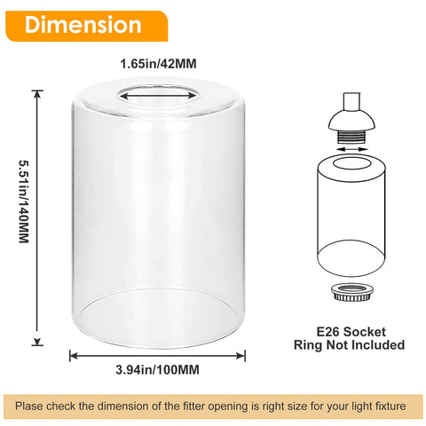 Bdrofn clear glass shade 6-pack dimension view displaying height and diameter