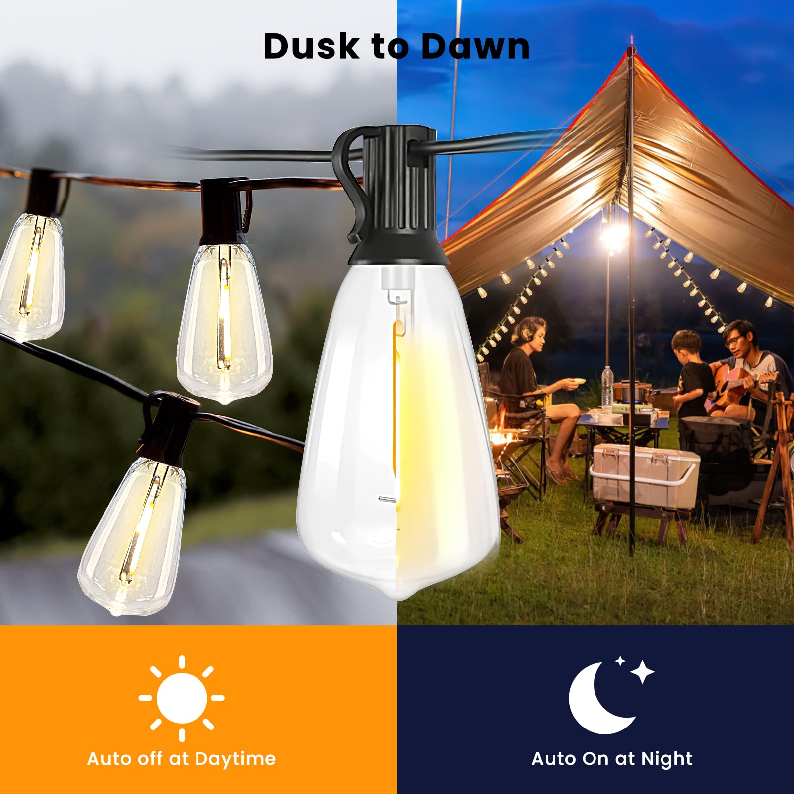Bdrofn Edison-style 30+2 bulbs dimmable lighting creates cozy outdoor mood.