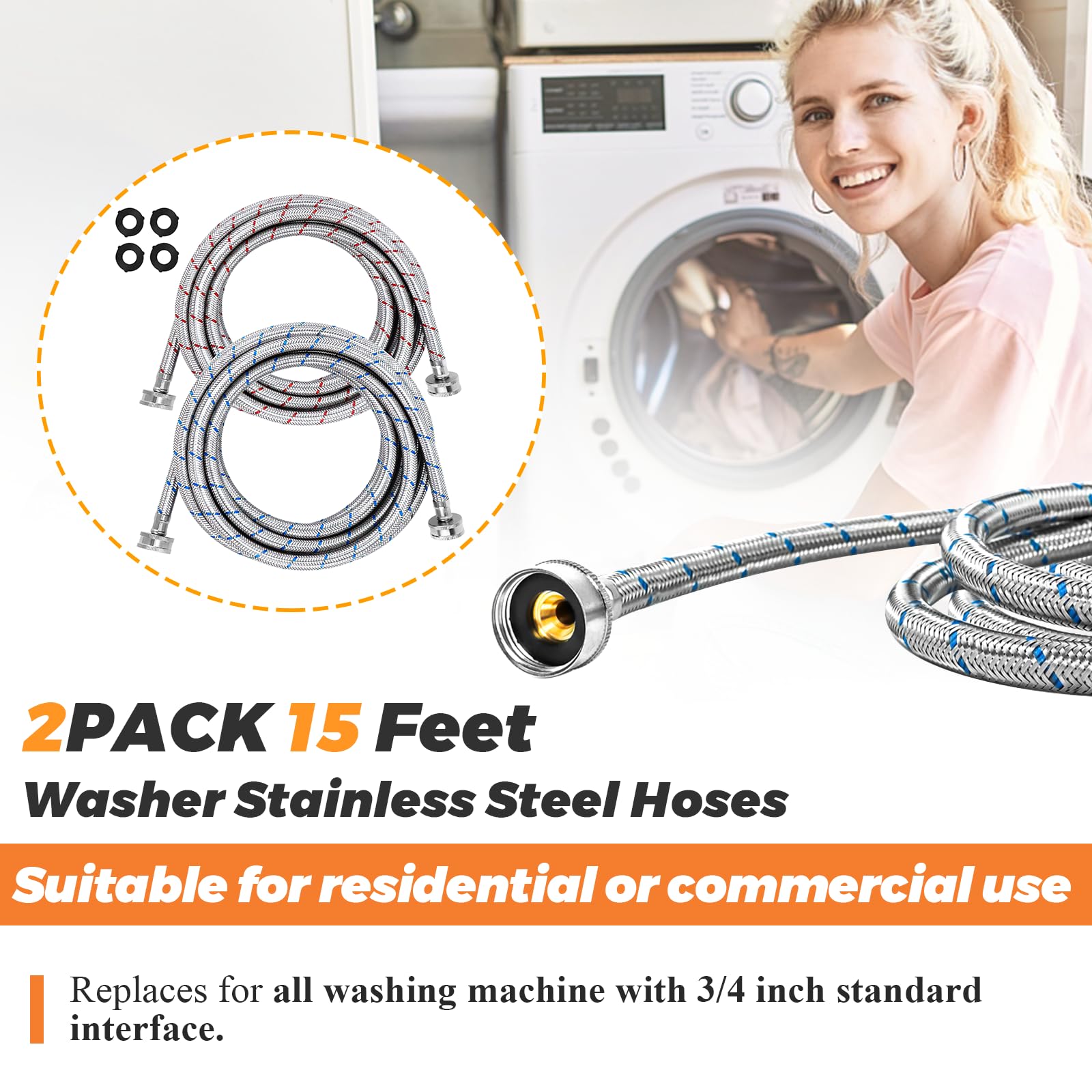 Beaquicy 15ft hoses enable easy reach and tidy laundry room setup.