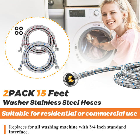 Beaquicy 15ft hoses enable easy reach and tidy laundry room setup.