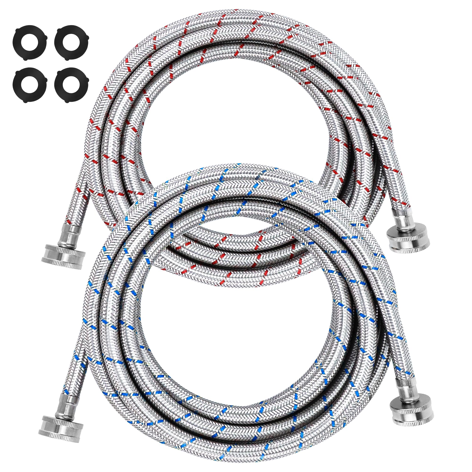 Beaquicy 15ft washing machine hoses pack with color-coded hot and cold lines for easy setup.