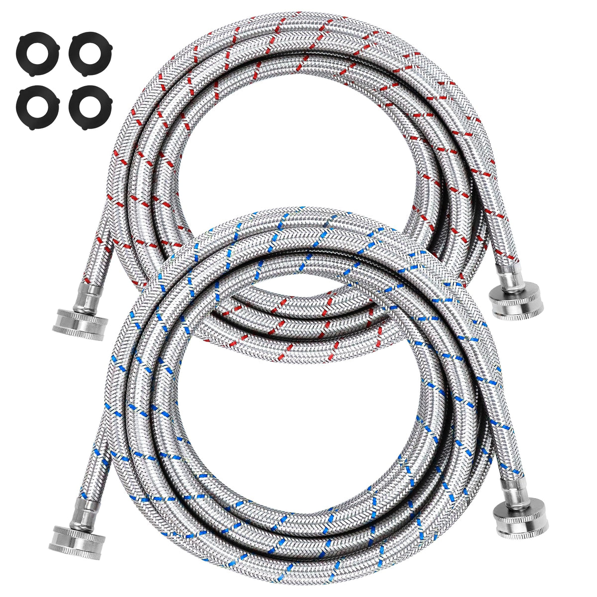 Beaquicy 15ft washing machine hoses pack with color-coded hot and cold lines for easy setup.