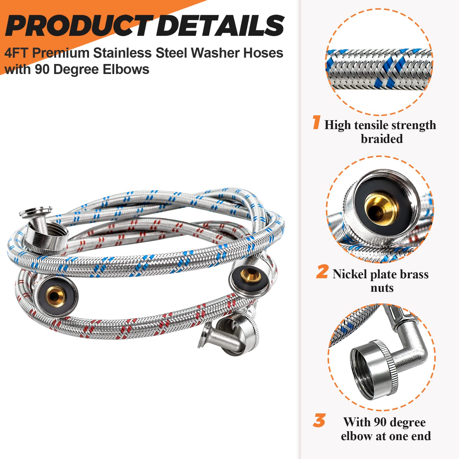 Beaquicy 4ft hot red washer hose for reliable hot-water connections.