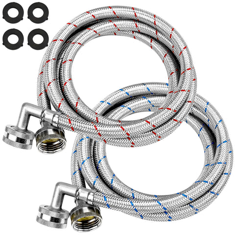 Beaquicy 6ft blue washer hose with 90-degree elbow for space-saving water supply.
