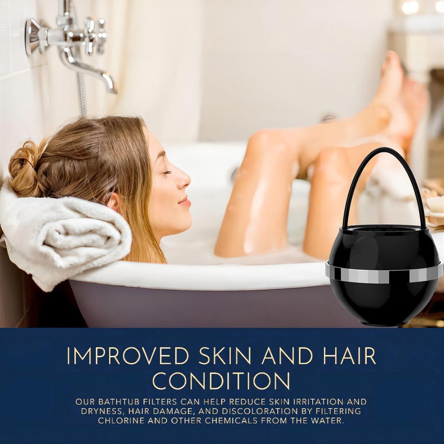 Beati Bath Filter installation on a standard tub faucet showing tool-free setup