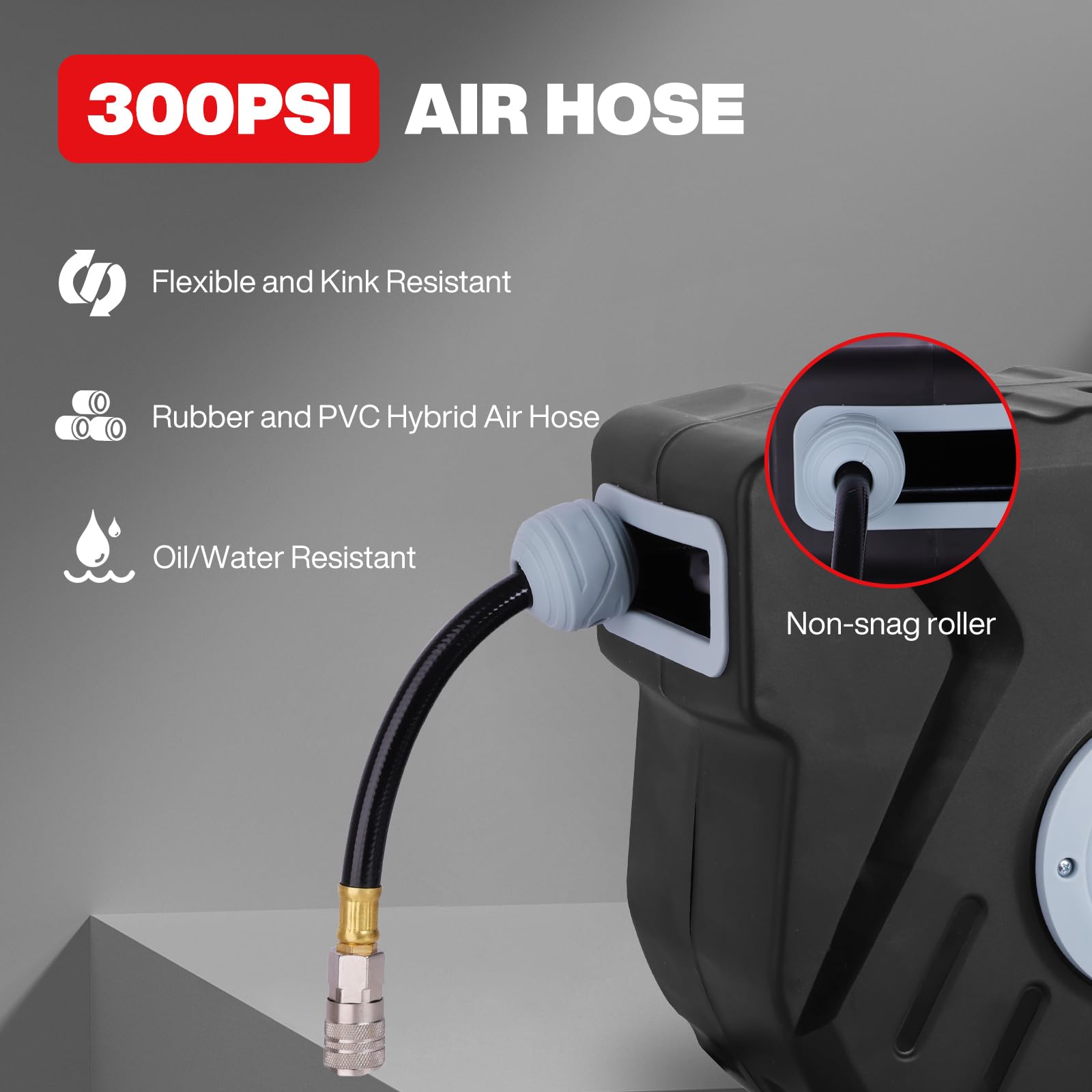 Beautiq wall-mount hose reel design saves space in garage or studio.