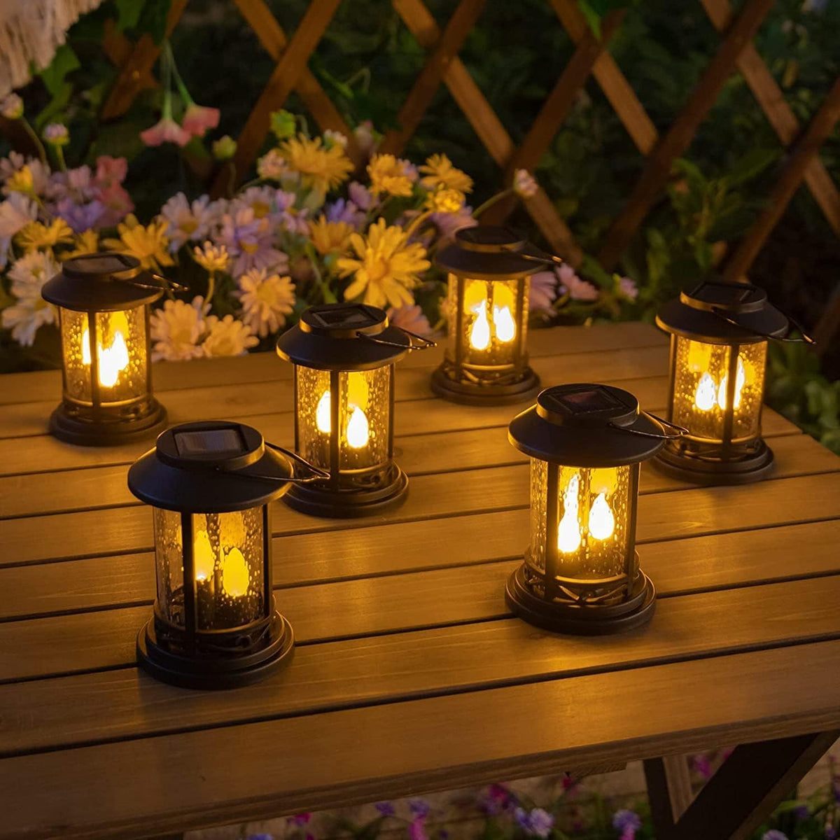 Beautyard outdoor solar lanterns six-pack with stake glow warmly in garden nights