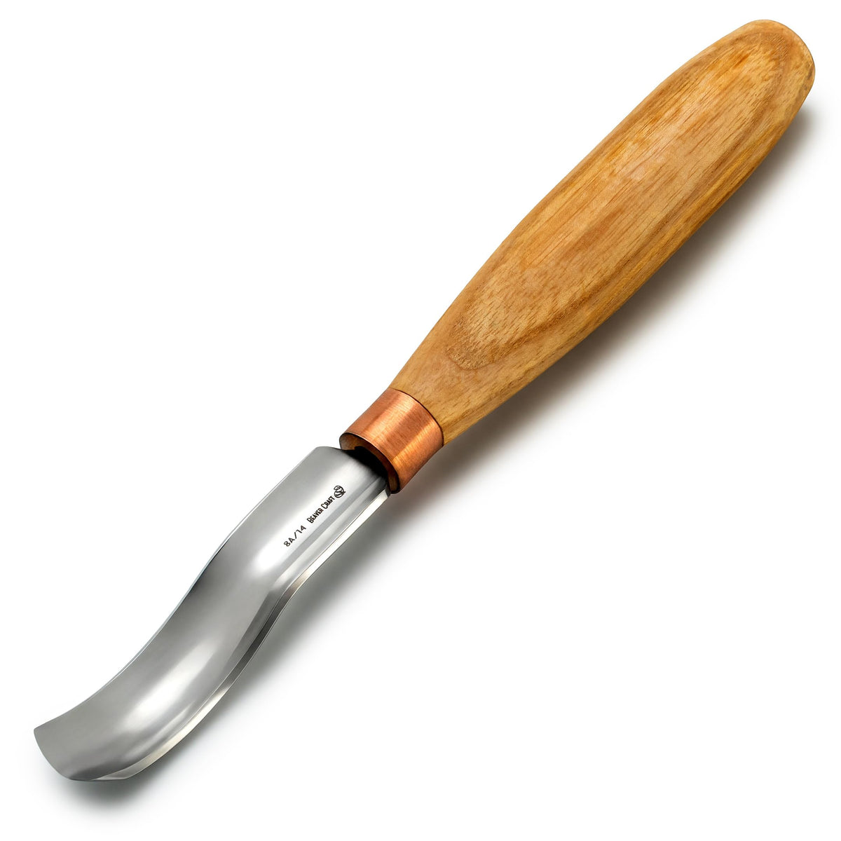 BeaverCraft bent gouge K8a14 closeup shows precise carving edge.