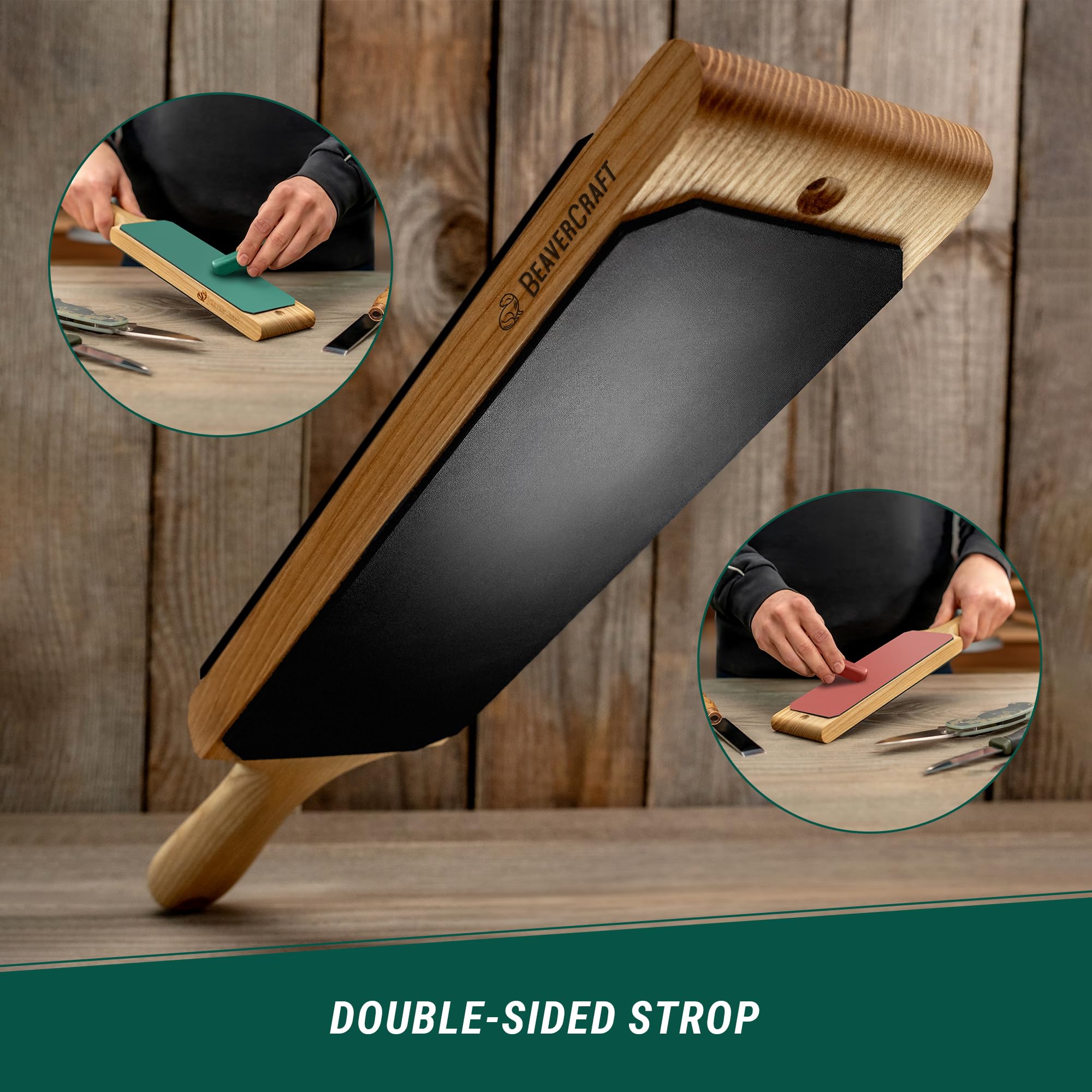 BeaverCraft double-sided strop gives versatile sharpening surfaces.