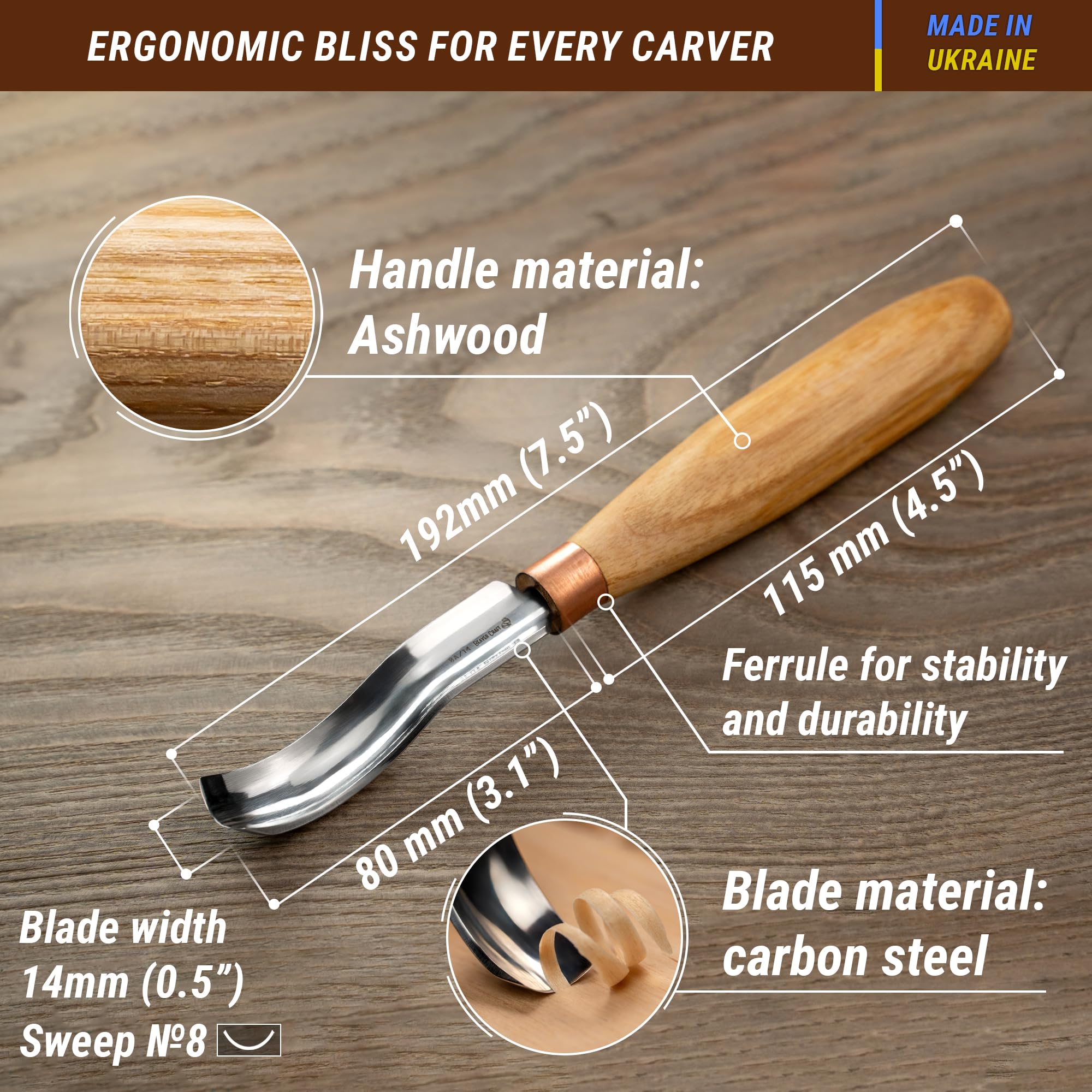 BeaverCraft palm chisel with ash handle for comfortable carving.