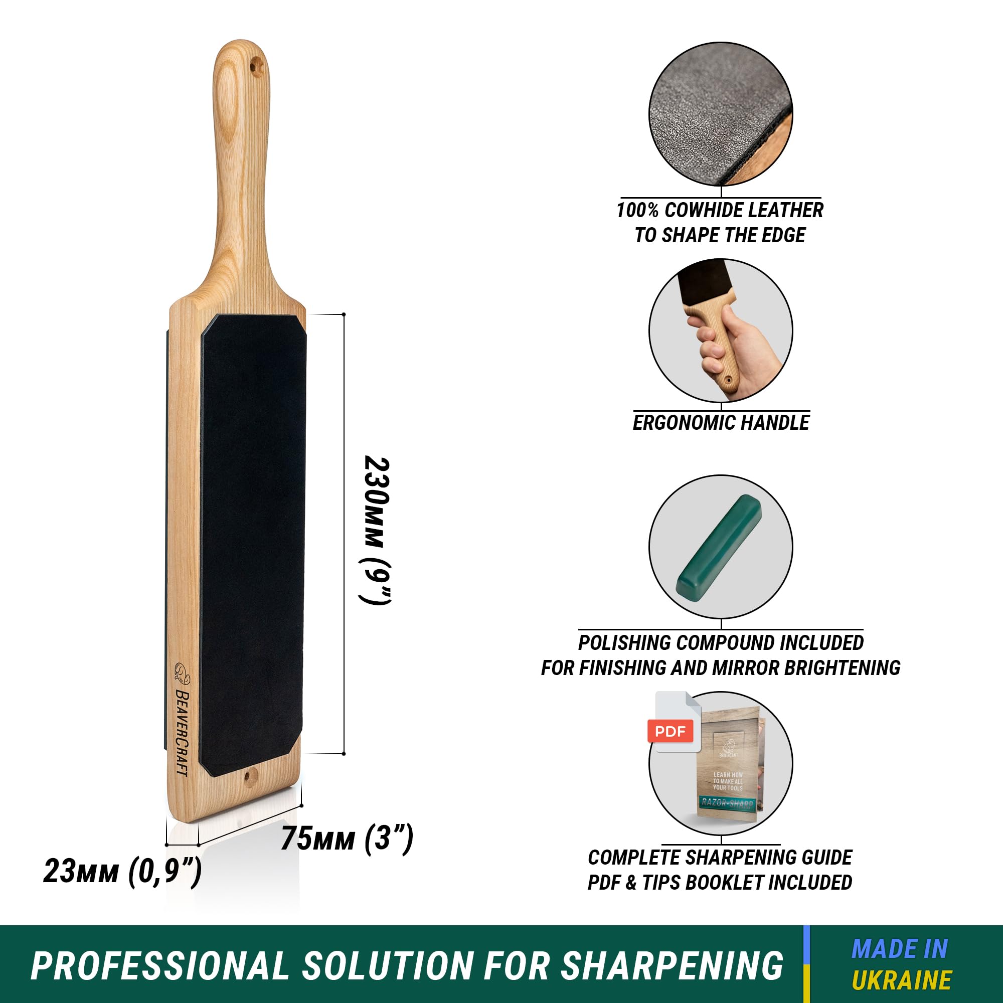 BeaverCraft strop with ash paddle handle offers comfortable sharpening sessions.