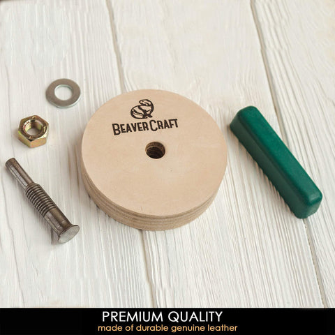 BeaverCraft stropping wheel with polishing compound demonstrates prep-ready buffing for blades