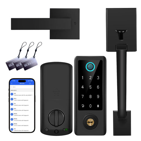 BEBASIA fingerprint door lock with handle set for keyless entry.