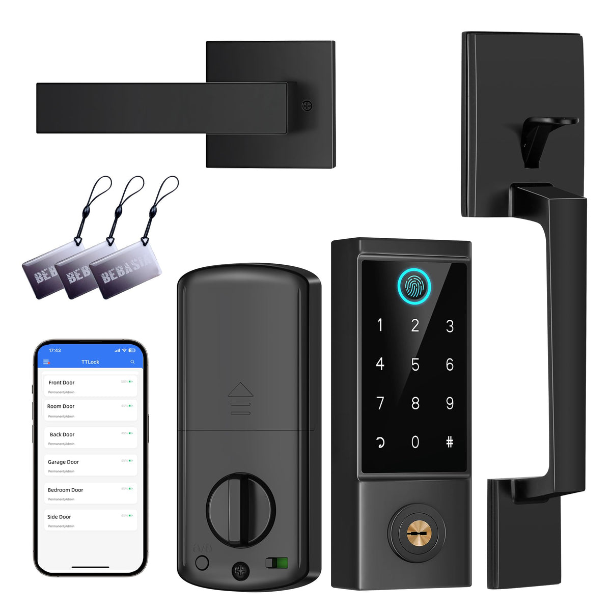 BEBASIA smart door lock with front handle set exterior view for secure entry