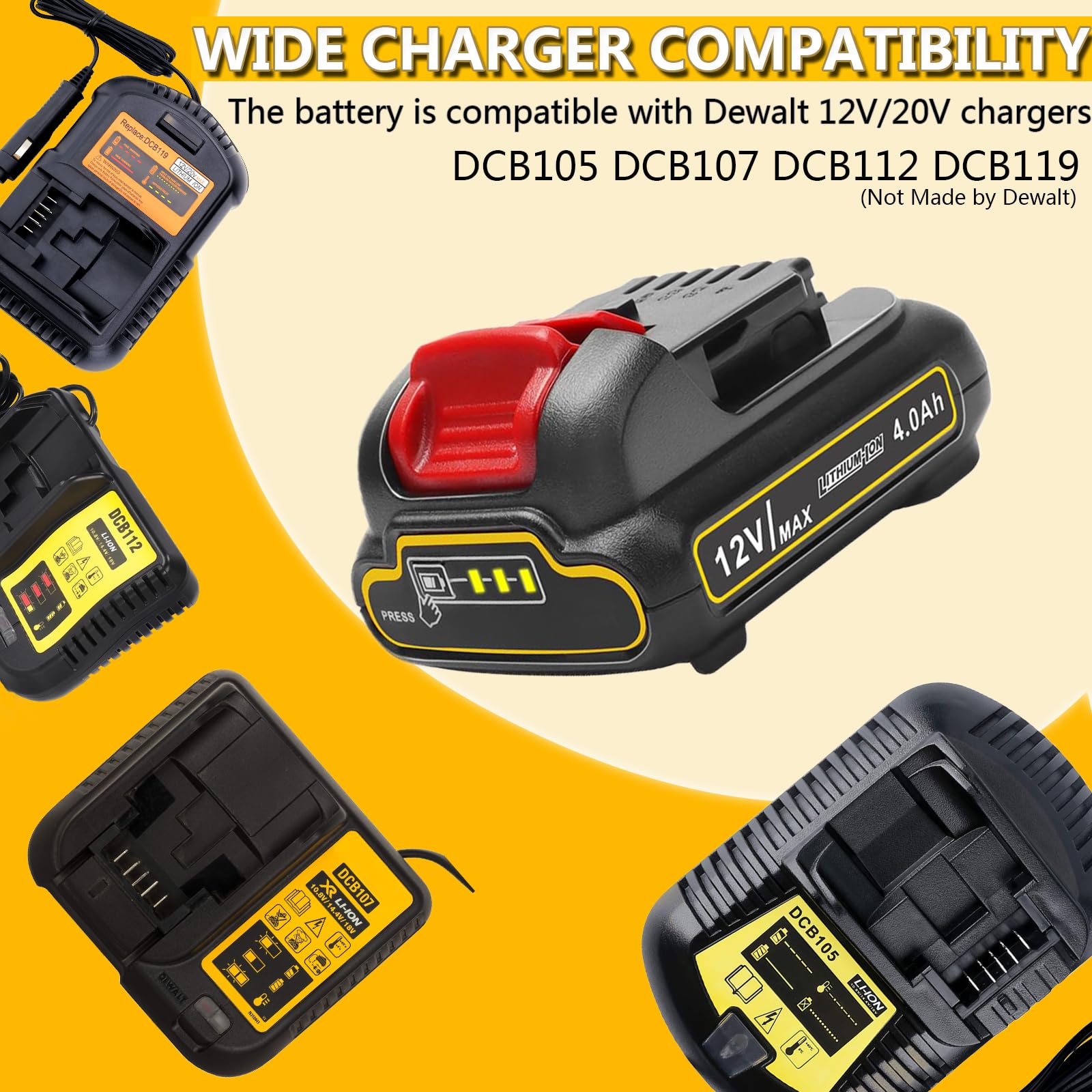 Bebenrama battery is compatible with a range of Dewalt 12V/20V chargers for easy recharging.