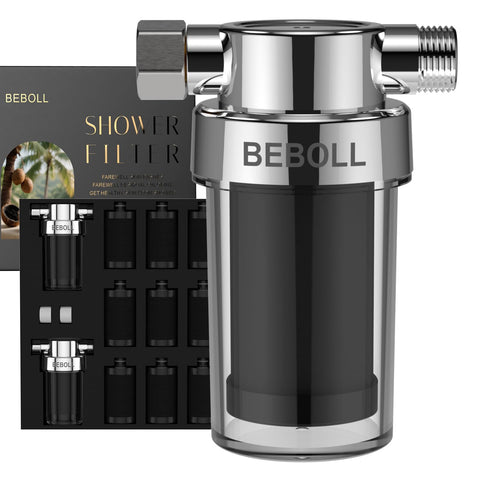 BEBOLL 2-pack shower filter front view, compact design, chlorine reduction.