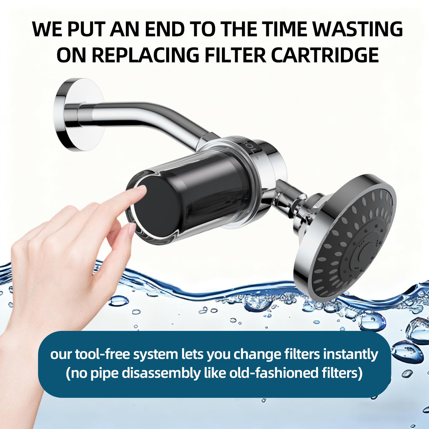 BEBOLL installed filter on showerhead demonstrates universal fit.