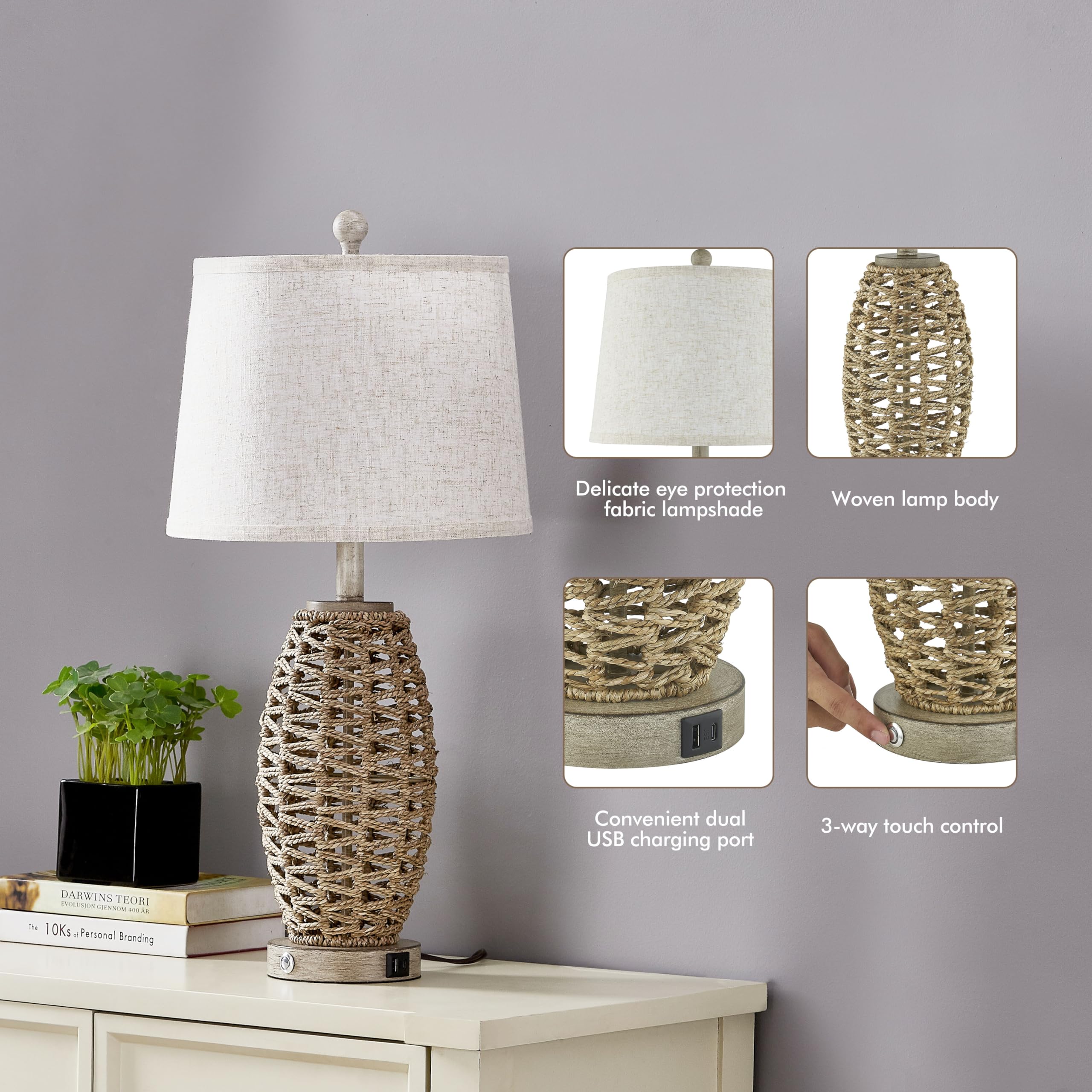 Natural rattan table lamps set 2 bedroom and living room ambiance