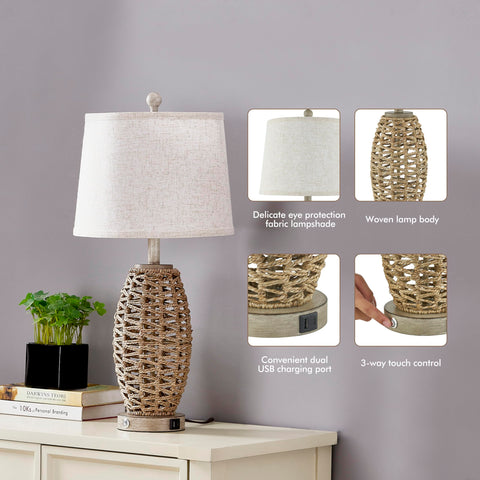 Natural rattan table lamps set 2 bedroom and living room ambiance