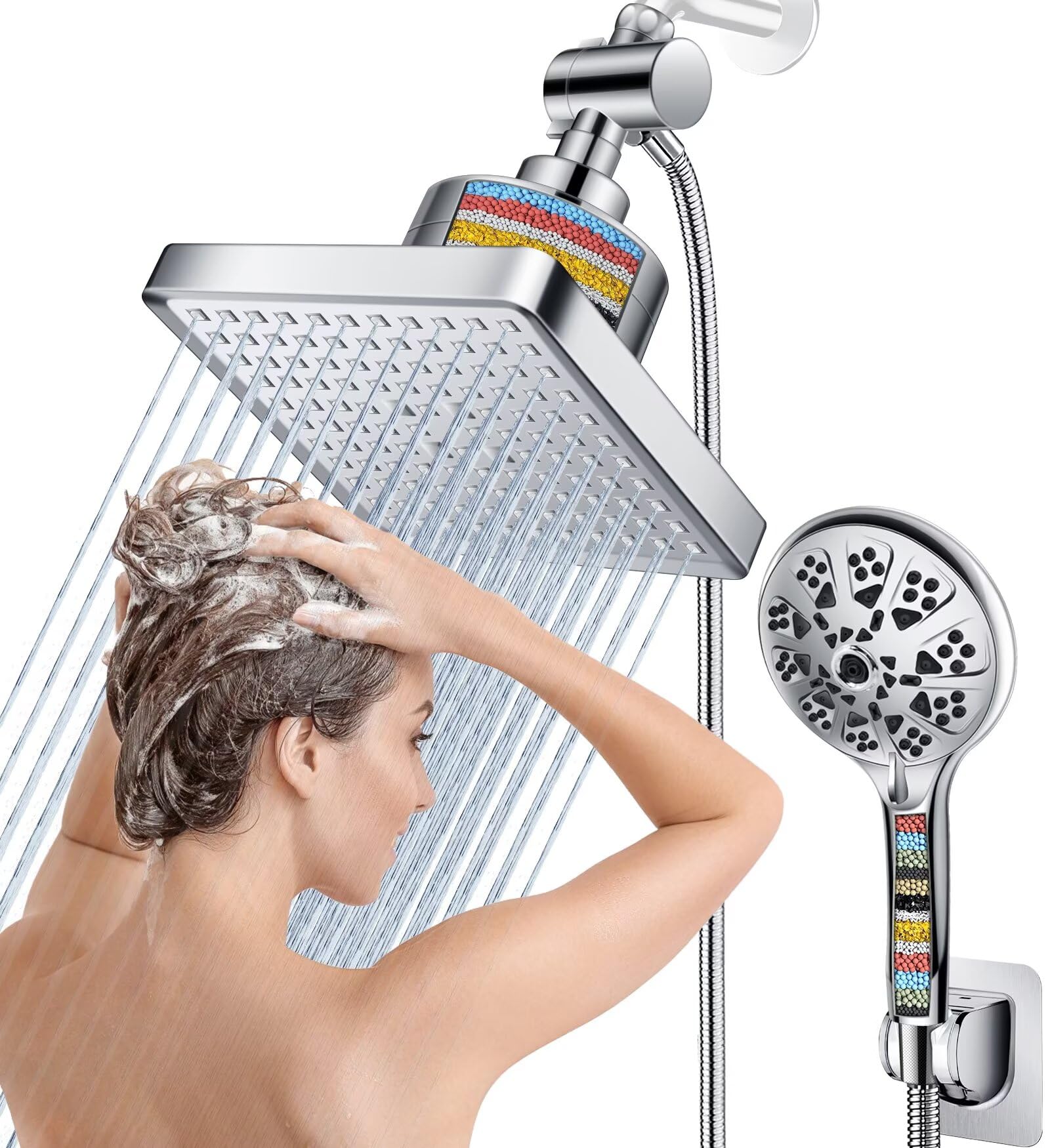 Beekim dual filtered rain shower head front view shows filtration in action and clean lines