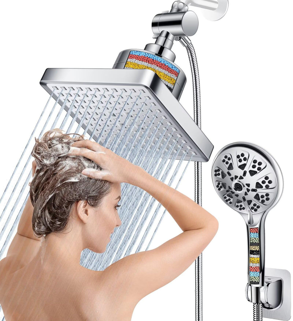 Beekim dual filtered rain shower head front view shows filtration in action and clean lines