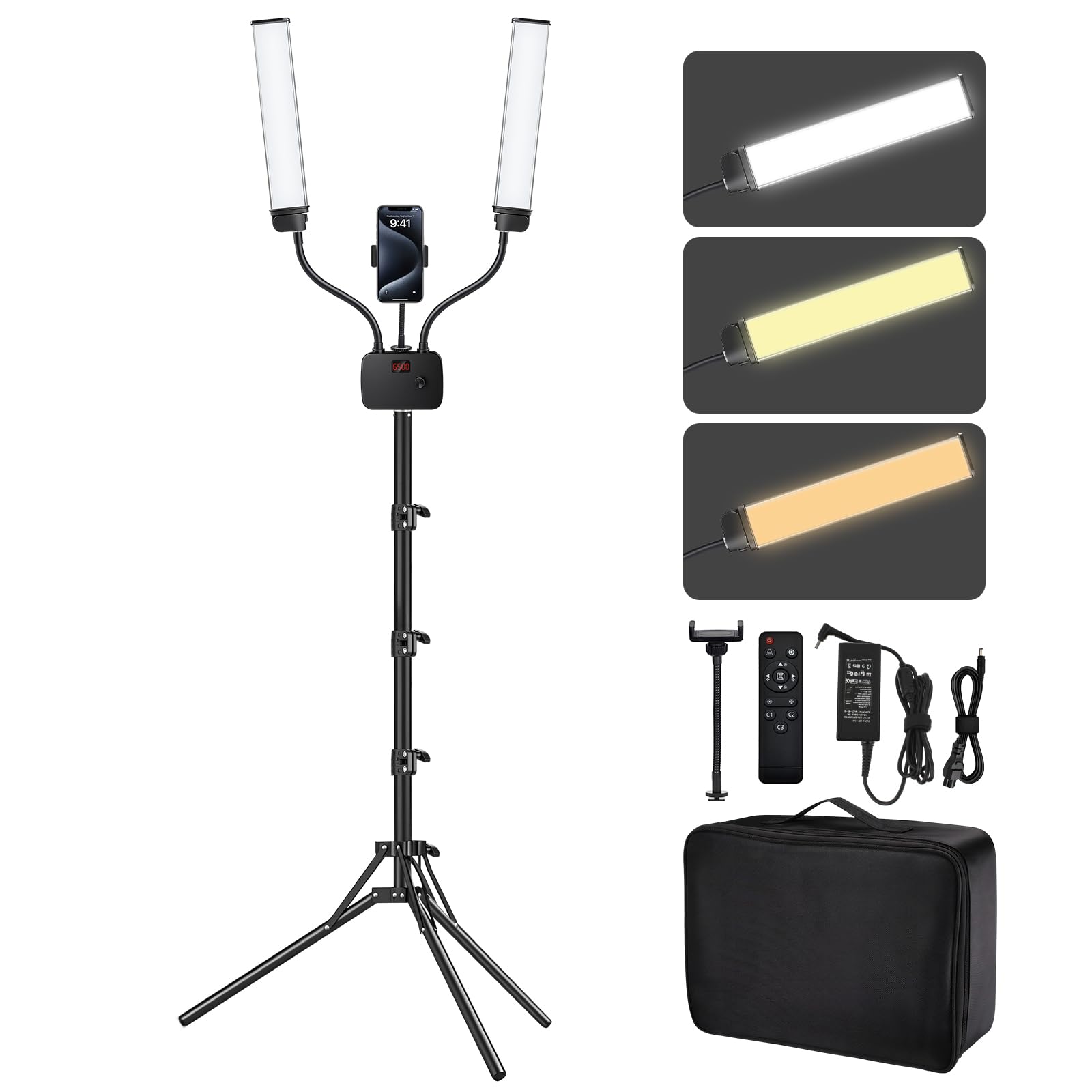 BeeMingle Selfie Light on extended 75-inch tripod for tall studio setups