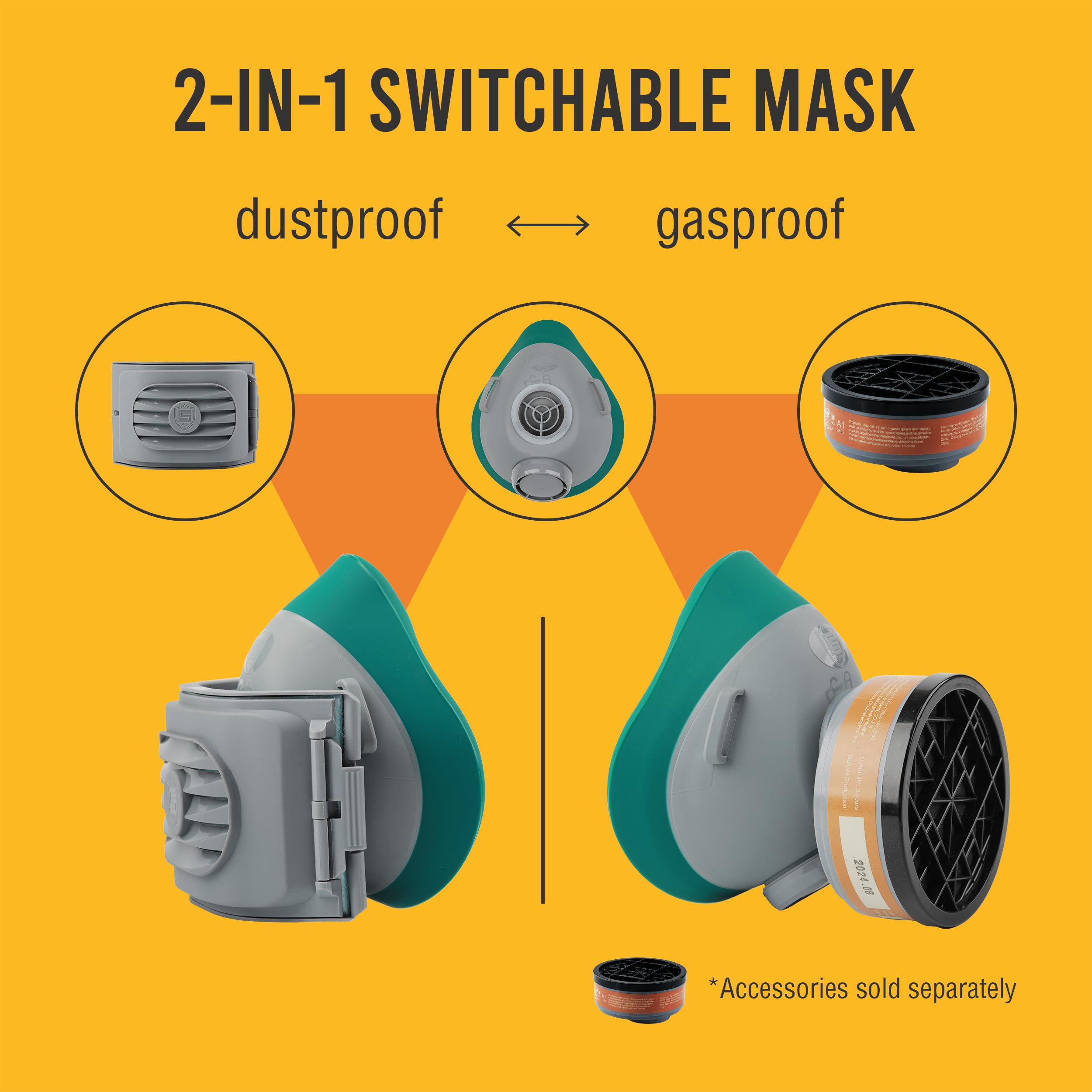 Accessories available separately, including activated carbon cartridges for gas and vapor filtration
