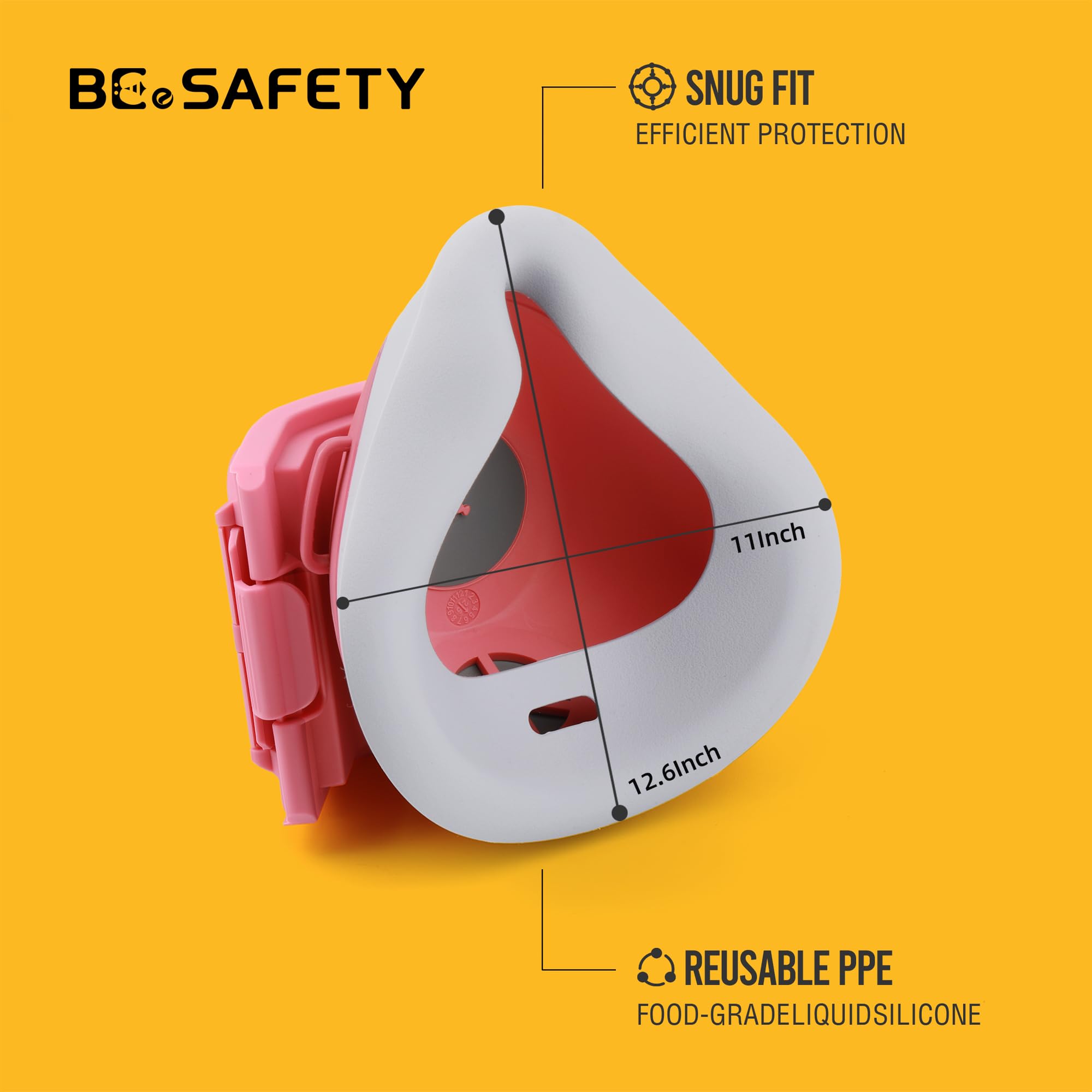 BEESAFETY pink mask detail emphasizes skin-friendly silicone and airtight seal.