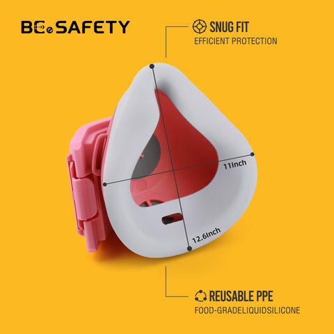 BEESAFETY pink mask detail emphasizes skin-friendly silicone and airtight seal.