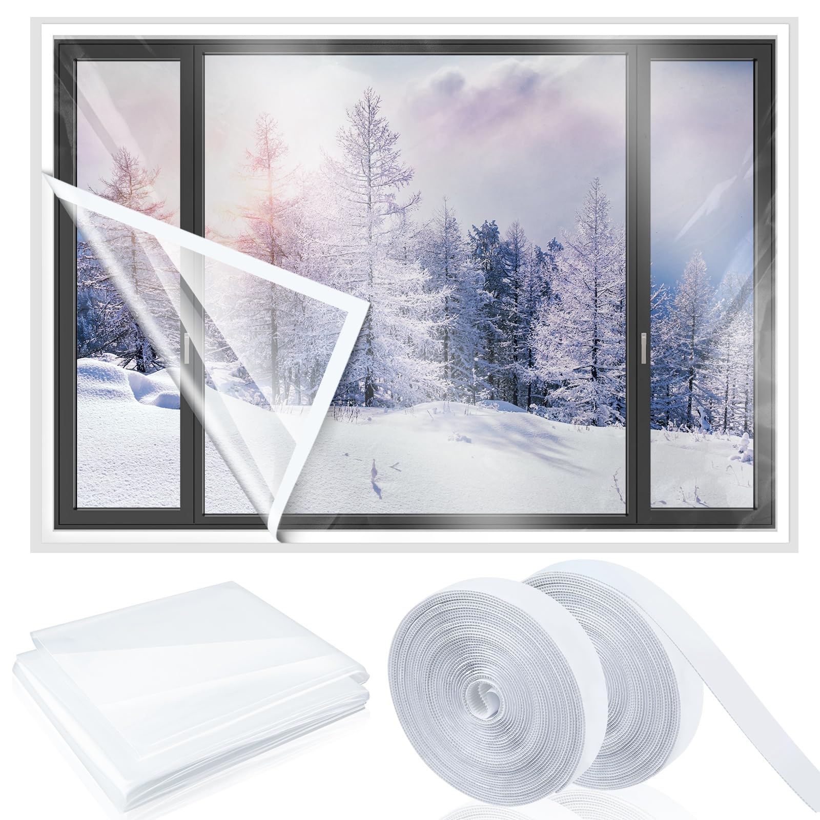 Beeveer window insulation film 75x79 inches, clear shield for warmth and energy efficiency.