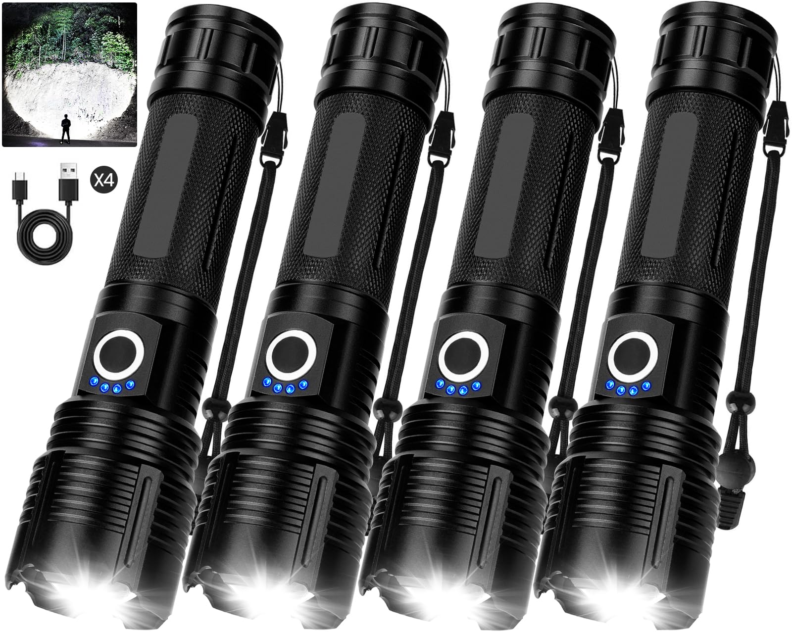 BEFAMALI four-pack flashlights, pack-shot display, ready for home and outdoor adventures.