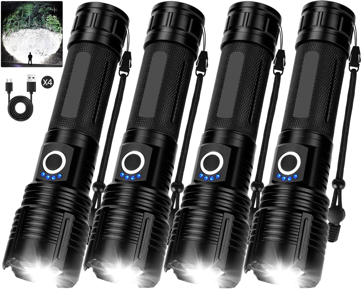 BEFAMALI four-pack flashlights, pack-shot display, ready for home and outdoor adventures.