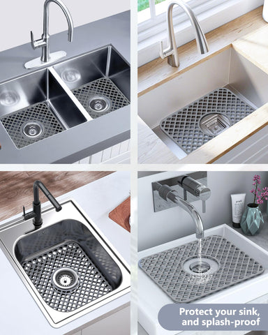 BEHOK center drain mat in gray prevents slipping on wet sinks.
