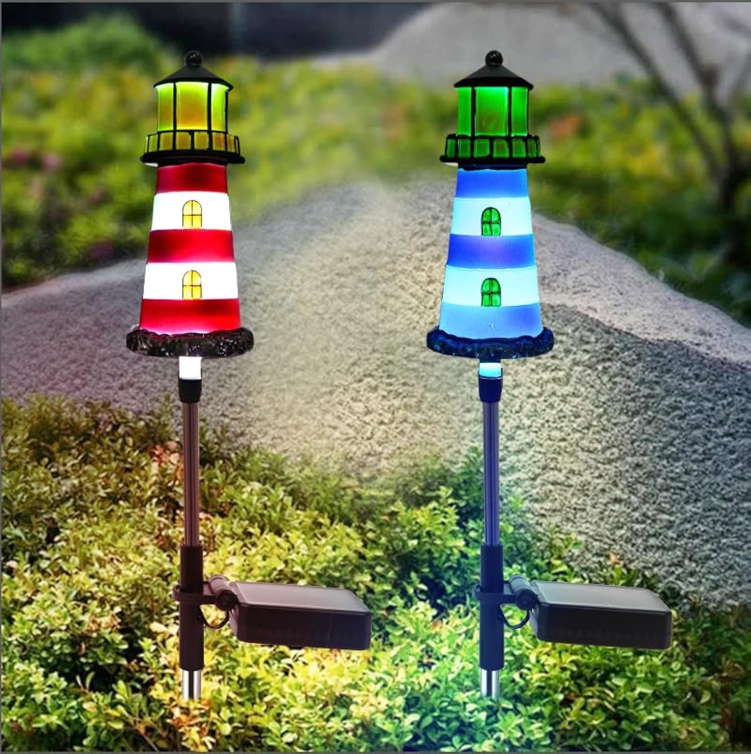 BEIDOULU Lighthouse solar light garden illuminates pathways at night.